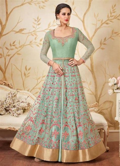 Light Green And Pink Net Embroidered Anarkali Suit Party Wear