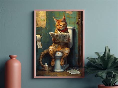 Ginger Tabby Cat Reading Newspaper On Toilet Whimsical Fine Art Print Ginger Fine Art Giclee