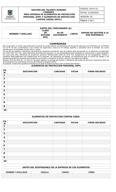 Formato De Entrega De Epp Y Epcc Gesti N Del Talento Humano