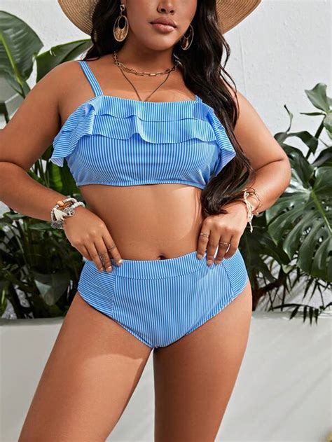 Plus Ruffle Trim High Waisted Bikini Swimsuit SHEIN USA