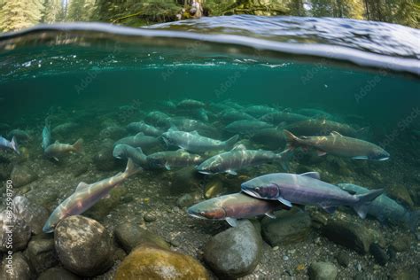 School Of Salmon Fish In Shallow River Water Migrating Upstream To