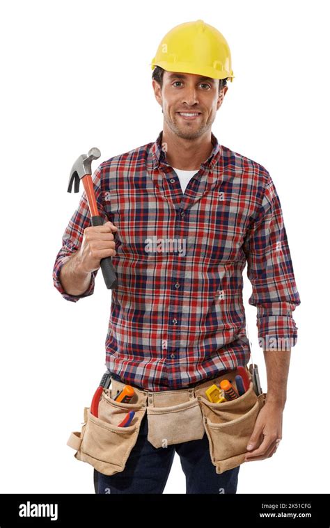 Trusted Pro Portrait Of A Handsome Handyman Holding His Hammer Stock