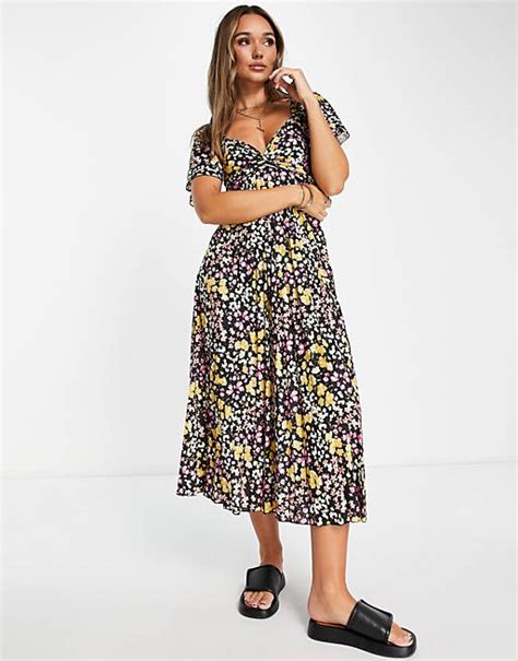 Asos Design Pleated Knot Detail Midi Dress In Black Base Floral Asos