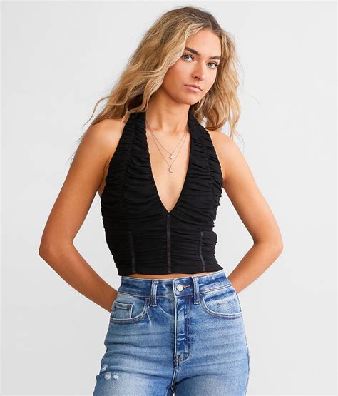 Willow And Root Shirred Mesh Cropped Halter Tank Top Womens Tank Tops In Black Buckle