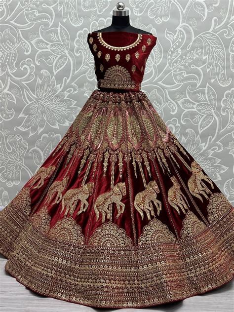 Buy Maroon Metallic Zari Velvet Bridal Lehenga Choli From Ethnic Plus