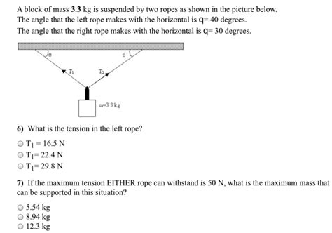 Solved A Block Of Mass Kg Is Suspended By Two Ropes As Chegg