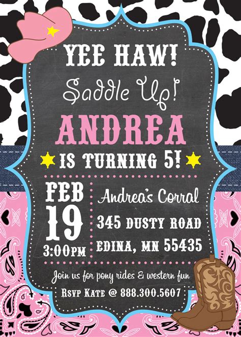 Chalkboard Yee Haw Cowgirl Birthday Party Invitations