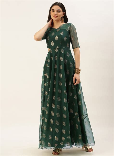 Shop Green Organza Foil Printed Gown Party Wear Online At Best Price