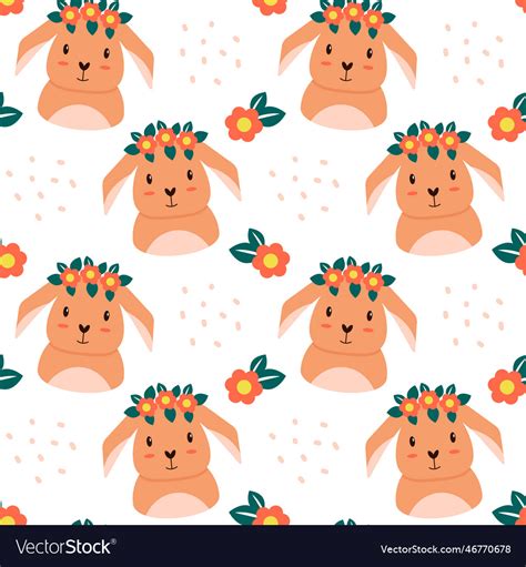 Pattern With Cute Cartoon Rabbit And Flowers Vector Image