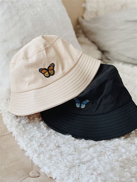 Butterfly Bucket Hat Black Bucket Hat Embroidered Butterfly Etsy