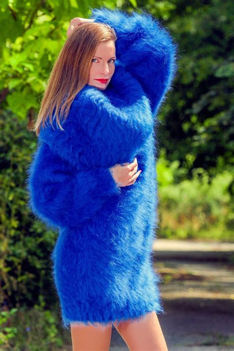 Royal Blue Hand Knitted Soft And Fuzzy Mohair Cowl Neck Sweater Dress By