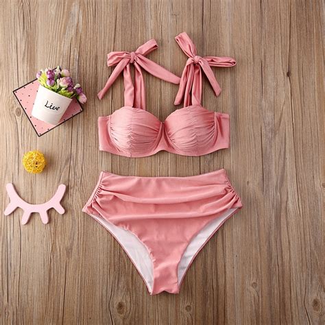 Women Lace Up Strap Bow High Waist Thong Bikini Set Swimsuit New