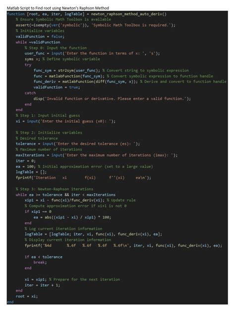 Matlab Script To Find Root Using Newton S Raphson Method Pdf Computer Science Theoretical