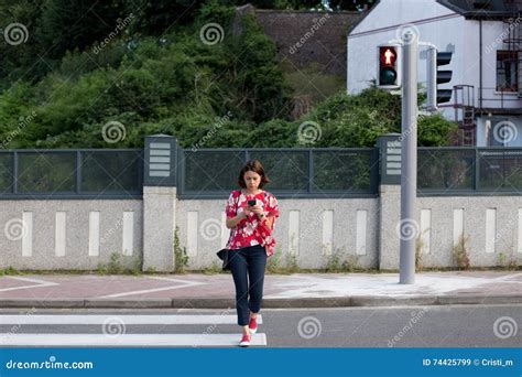 Woman Crossing The Street On Red Light Stock Image Image Of Copy