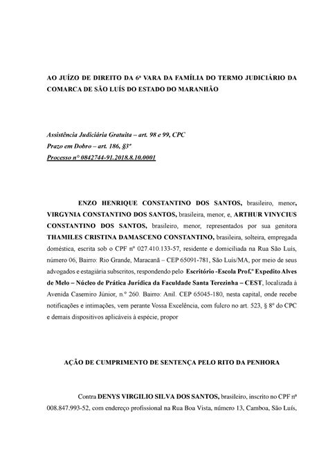 Rito da Penhora Trabalho AO JUÍZO DE DIREITO DA 6a VARA DA FAMÍLIA