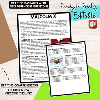 Malcom X Black History Month Reading Comprehension Civil Rights