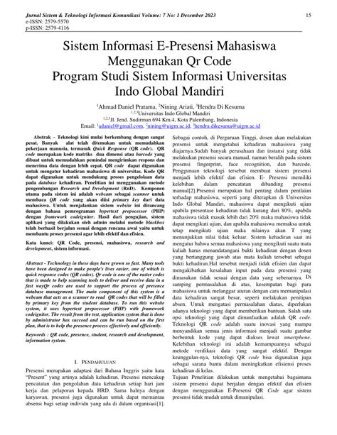 PDF Sistem Informasi E Presensi Mahasiswa Menggunakan Qr Code Program