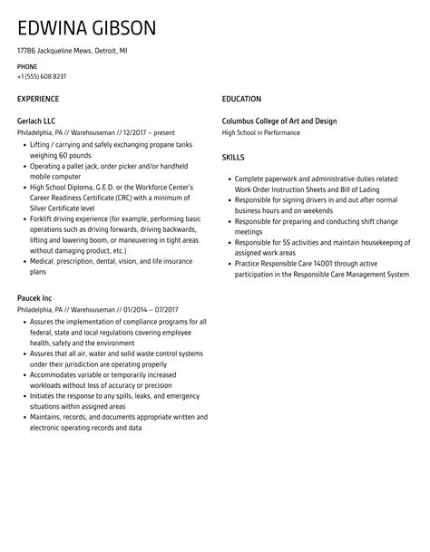 Warehouseman Resume Samples | Velvet Jobs