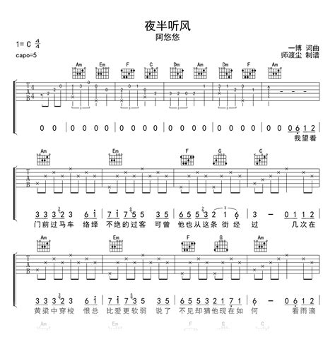 夜半听风吉他谱阿悠悠c调弹唱六线谱附示范音频吉他帮