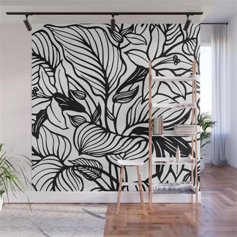 White And Black Floral Minimalist Wall Mural | Wall murals diy, Wall ...