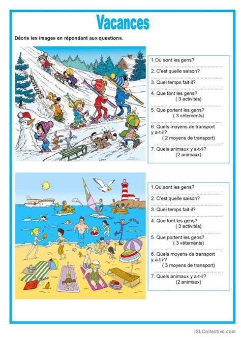 Description image Vacances compréh Français FLE fiches pedagogiques