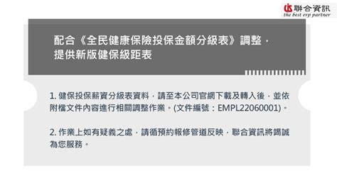 【聯合資訊】配合《全民健康保險投保金額分級表》調整，提供新版健保級距表