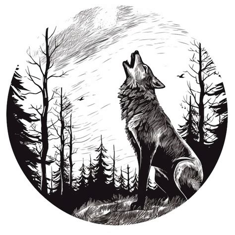 Um Desenho Em Preto E Branco De Um Lobo Uivando Na Floresta Generativo