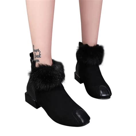 Women Fluffy Faux Fur Shoes Martain Boots Suede Ankle Boots Square Toe