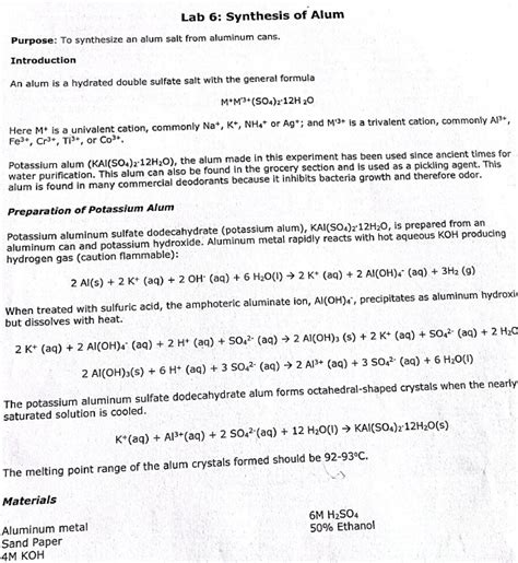 Solved Lab 6 Synthesis Of Alum Purpose To Synthesize An Chegg