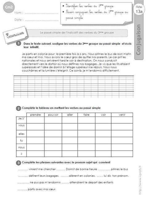 Cm Exercices Conjugaison Corrig S Le Pass Simple Des Verbes Du Me