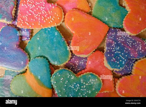 Top View Of Colorful Heart Shaped Cookies Stock Photo Alamy