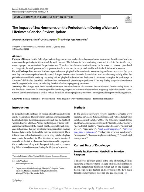 Pdf The Impact Of Sex Hormones On The Periodontium During A Womans Lifetime A Concise Review