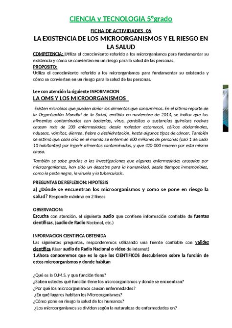 6 F06 La Existencia De Los Microorganismos Y El Riesgo En La Salud Cyt 5° Ay B Ciencia Y