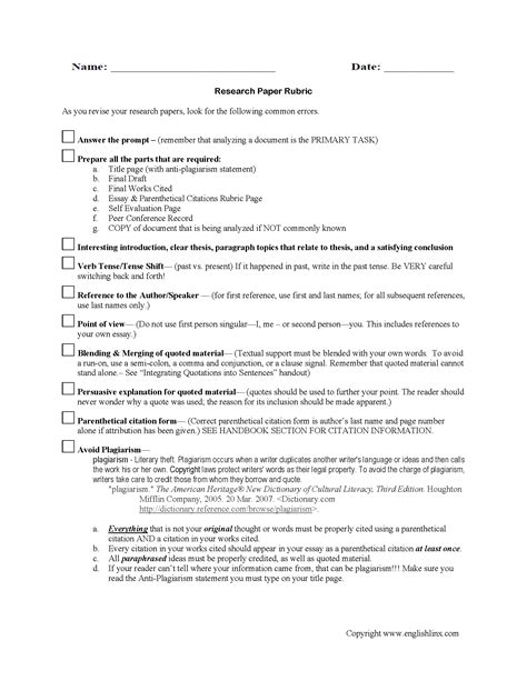 Research Worksheets Research Paper Rubric Worksheet