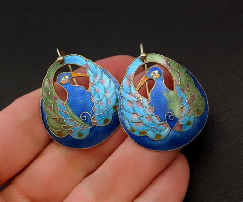 Vintage Early Laurel Burch Earrings Peacock Bird Blue Enamel Jewelry Sterling Silver Cloisonne