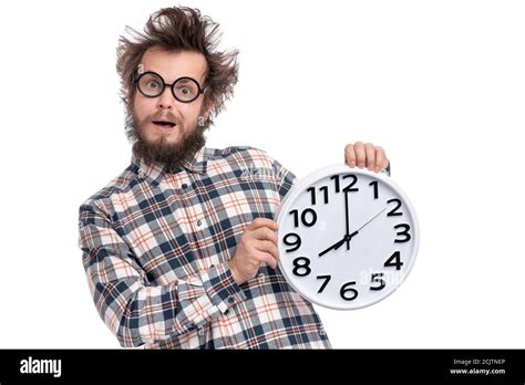 Crazy Bearded Man With Big Clock Stock Photo Alamy