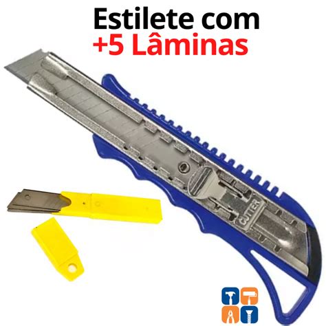 Estilete Profissional Qualidade 5 Laminas 18mm Ponta E Trava Em