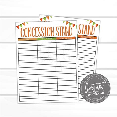 Printable Concession Stand Template