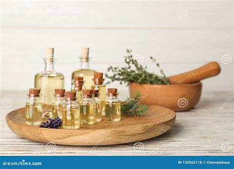 Different Essential Oils In Glass Bottles Stock Photo Image Of Copy