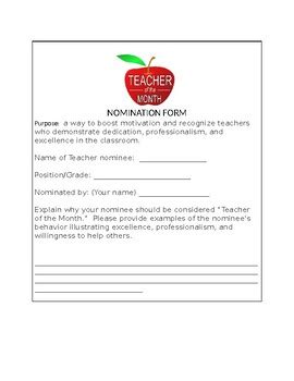 Teacher of the Month Nomination Form by Yvette Perozo | TPT