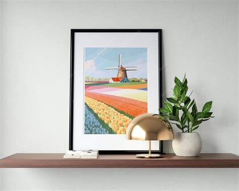 Watercolor Dutch Windmill And Tulip Fields Digital Painting Pastel