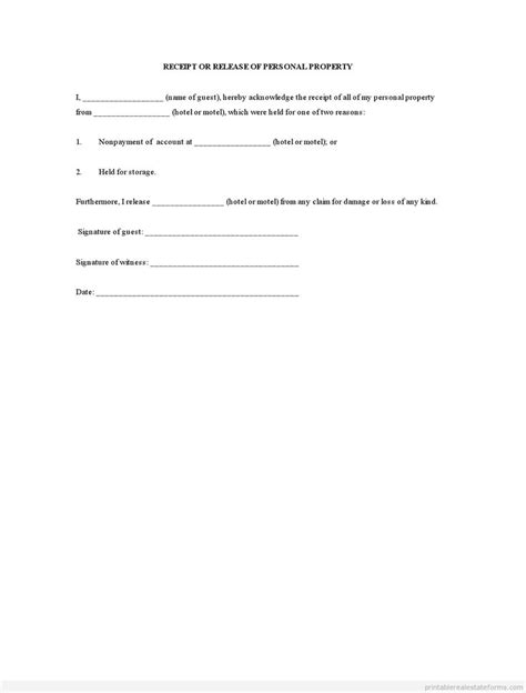 Sample Printable Receipt Or Release Of Personal Property Form Real