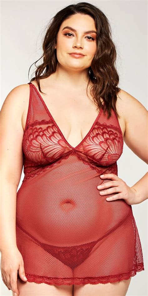 Plus Size Burgundy Mesh Lace Babydoll With G String Women S Lingerie