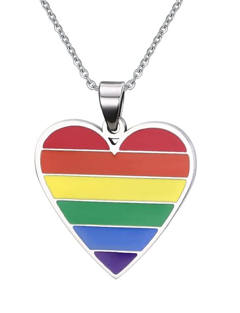 Gay Pride Rainbow Heart Id Pendant Necklace Stainless Steel Lesbian