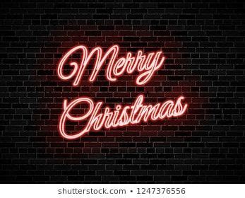 Neon Signs Merry Christmas On Dark Brick Wall Background Holiday