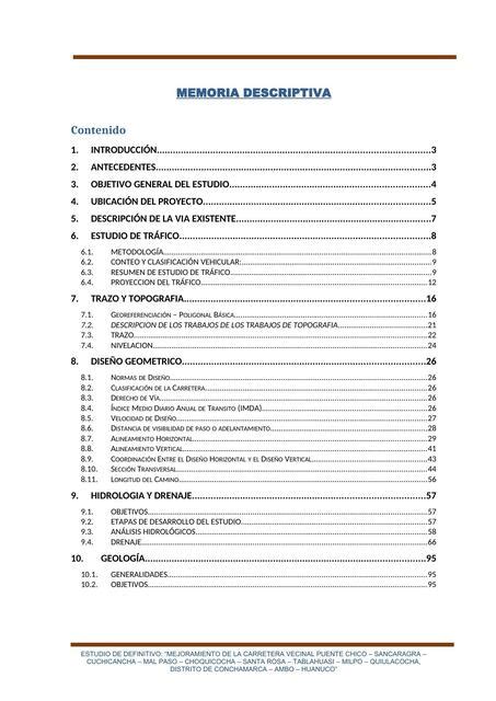 Memoria Descriptiva de Rehabilitación y Mejoramiento de Carreteras