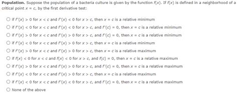 Solved Population. Suppose the population of a bacteria | Chegg.com