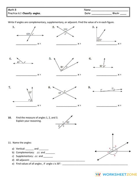 Complementary Supplementary And Vertical Angles Practice Worksheet Zone