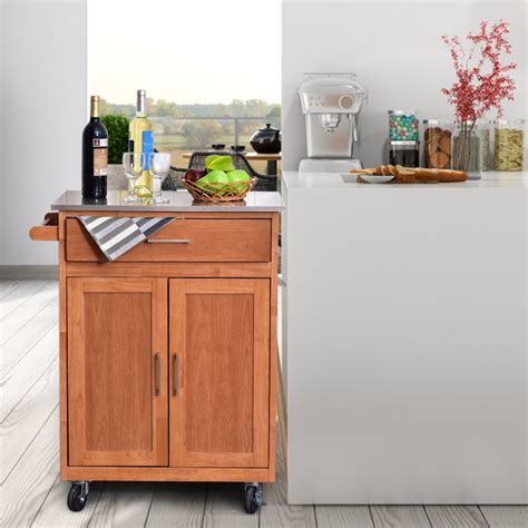 Wooden Kitchen Rolling Storage Cabinet with Stainless Steel Top