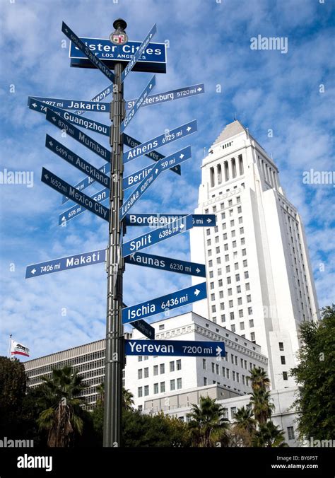 Sister Cities Street Sign And City Hall Los Angeles Stock Photo Alamy